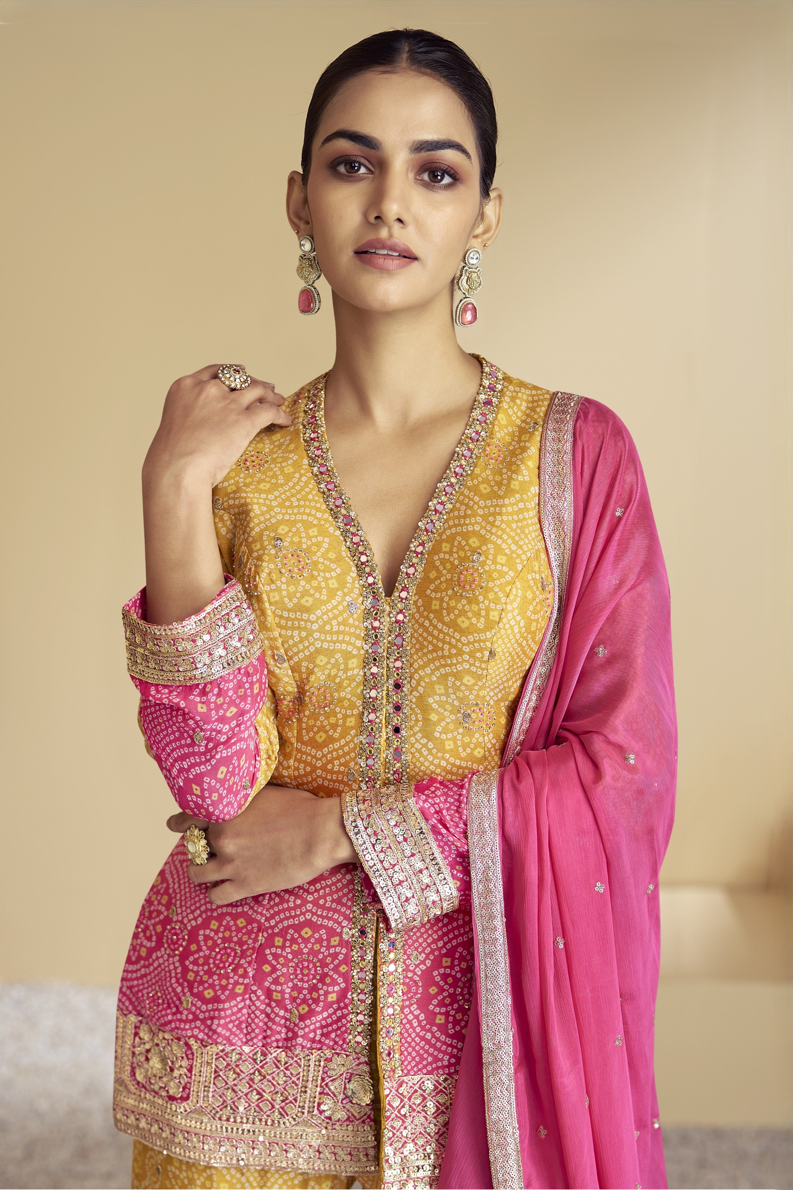 Yellow Pink Dual Color Chinon Silk Bandhani Style Pattern Sharara Suit For Indian Festivals & Weddings - Embroidery Work, Mirror Work, Print Work