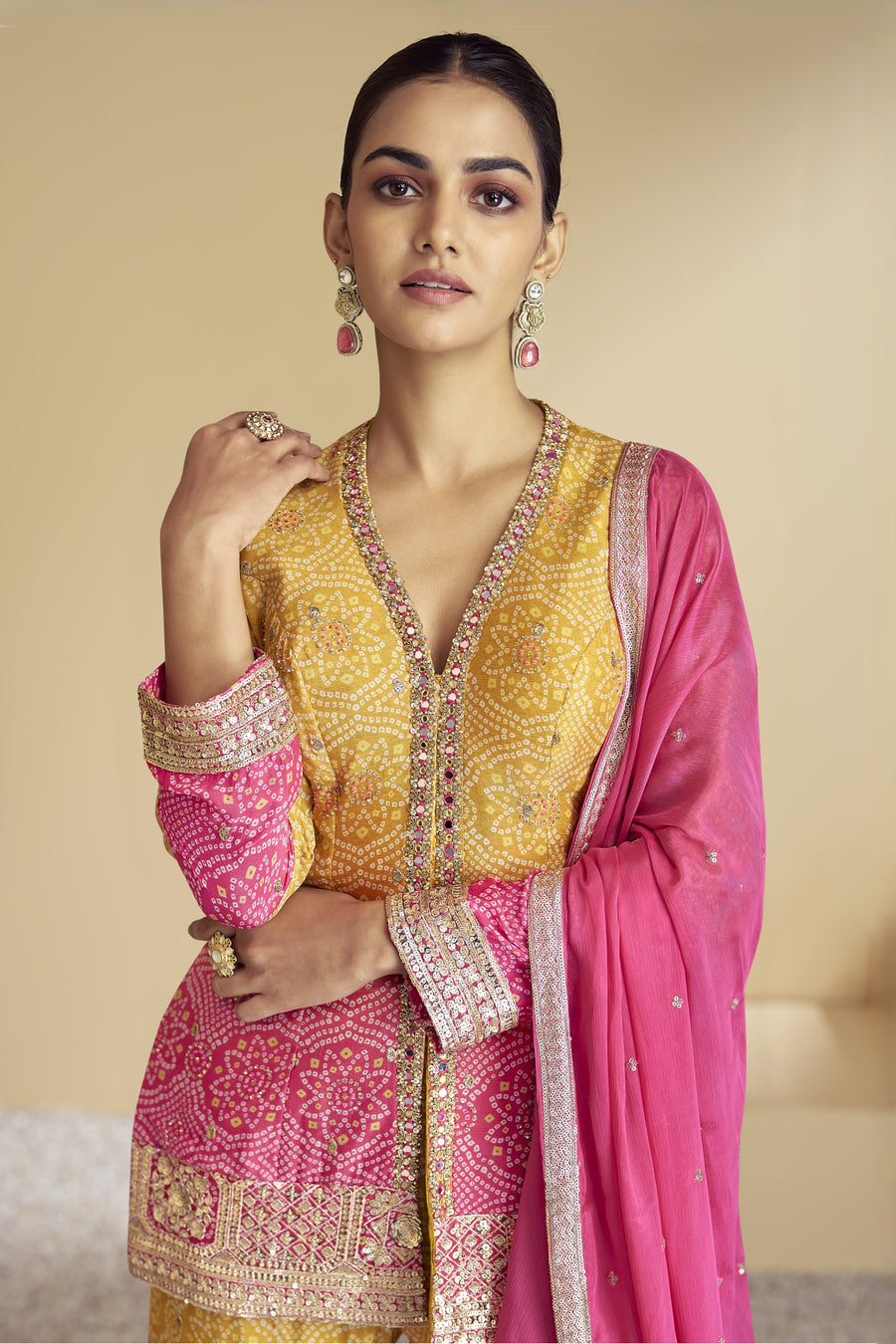 Yellow Pink Dual Color Chinon Silk Bandhani Style Pattern Sharara Suit For Indian Festivals & Weddings - Embroidery Work, Mirror Work, Print Work