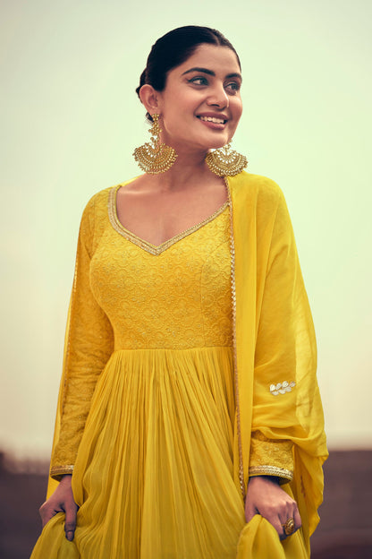 Yellow Silk Georgette Floor Full Length Embroidered Anarkali Gown For Indian Festivals & Pakistani Weddings - Embroidery Work