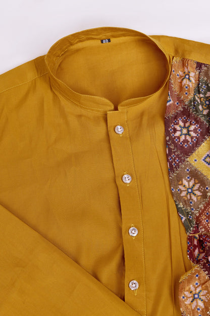 Yellow Silk Kurta Pyjama for Men For Navratri Garba Festivals - Sequence Embroidery Work, Print Work