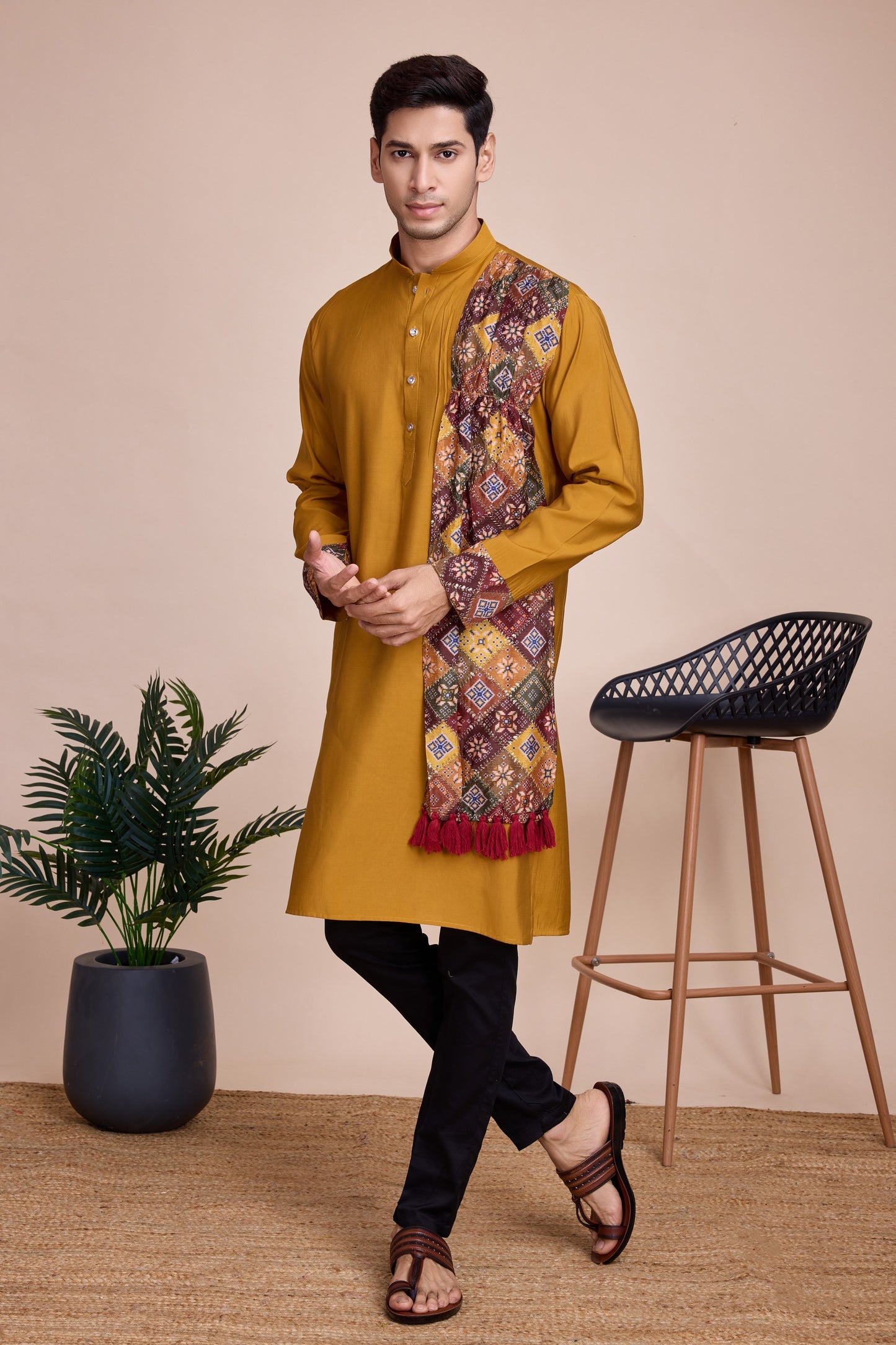 Yellow Silk Kurta Pyjama for Men For Navratri Garba Festivals - Sequence Embroidery Work, Print Work