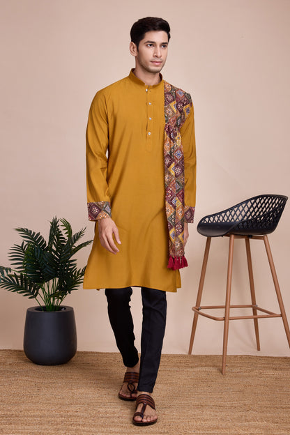 Yellow Silk Kurta Pyjama for Men For Navratri Garba Festivals - Sequence Embroidery Work, Print Work