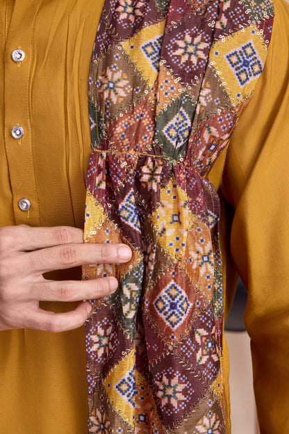 Yellow Silk Kurta Pyjama for Men For Navratri Garba Festivals - Sequence Embroidery Work, Print Work