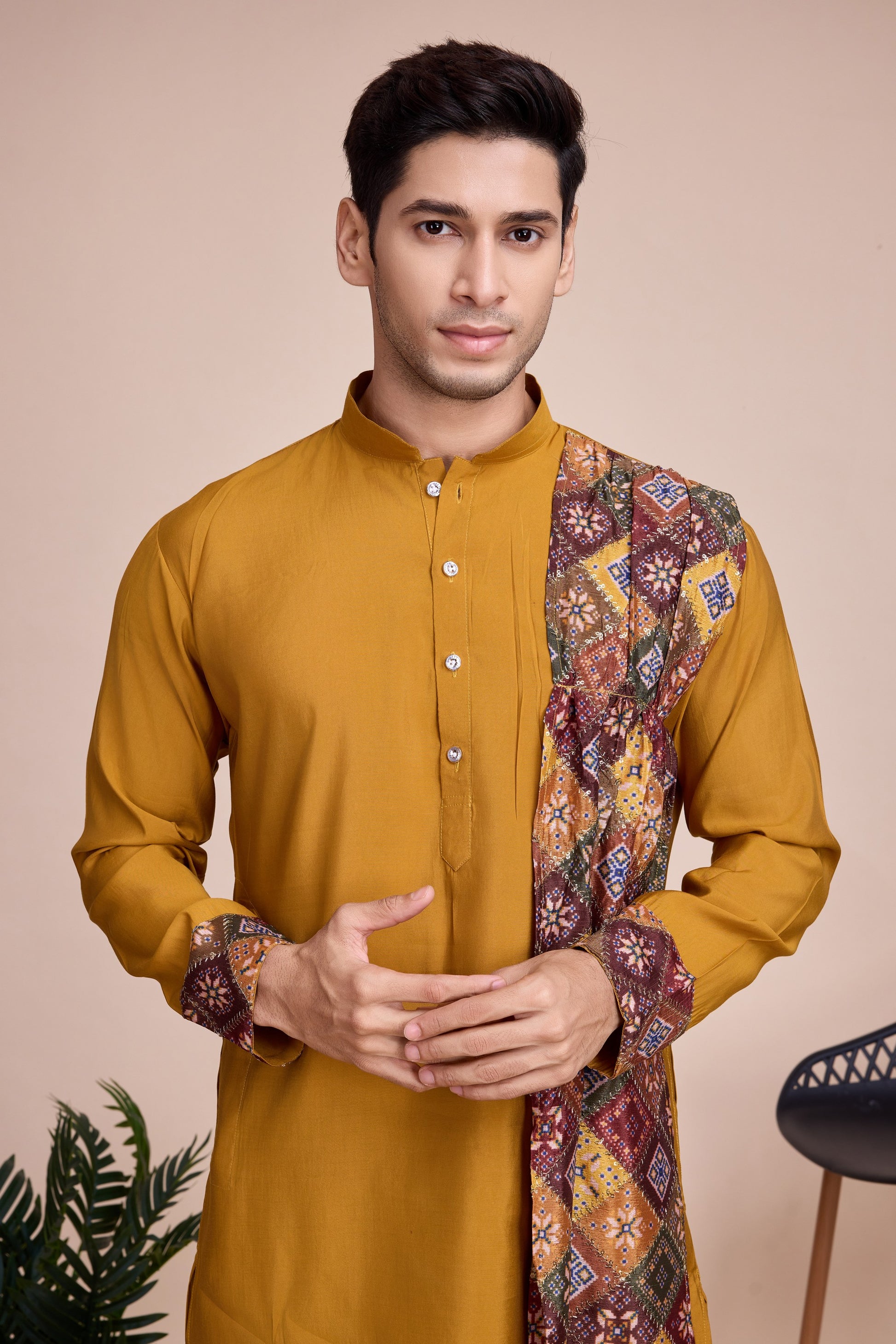 Yellow Silk Kurta Pyjama for Men For Navratri Garba Festivals - Sequence Embroidery Work, Print Work