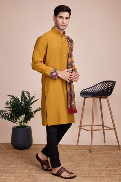 Yellow Silk Kurta Pyjama for Men For Navratri Garba Festivals - Sequence Embroidery Work, Print Work