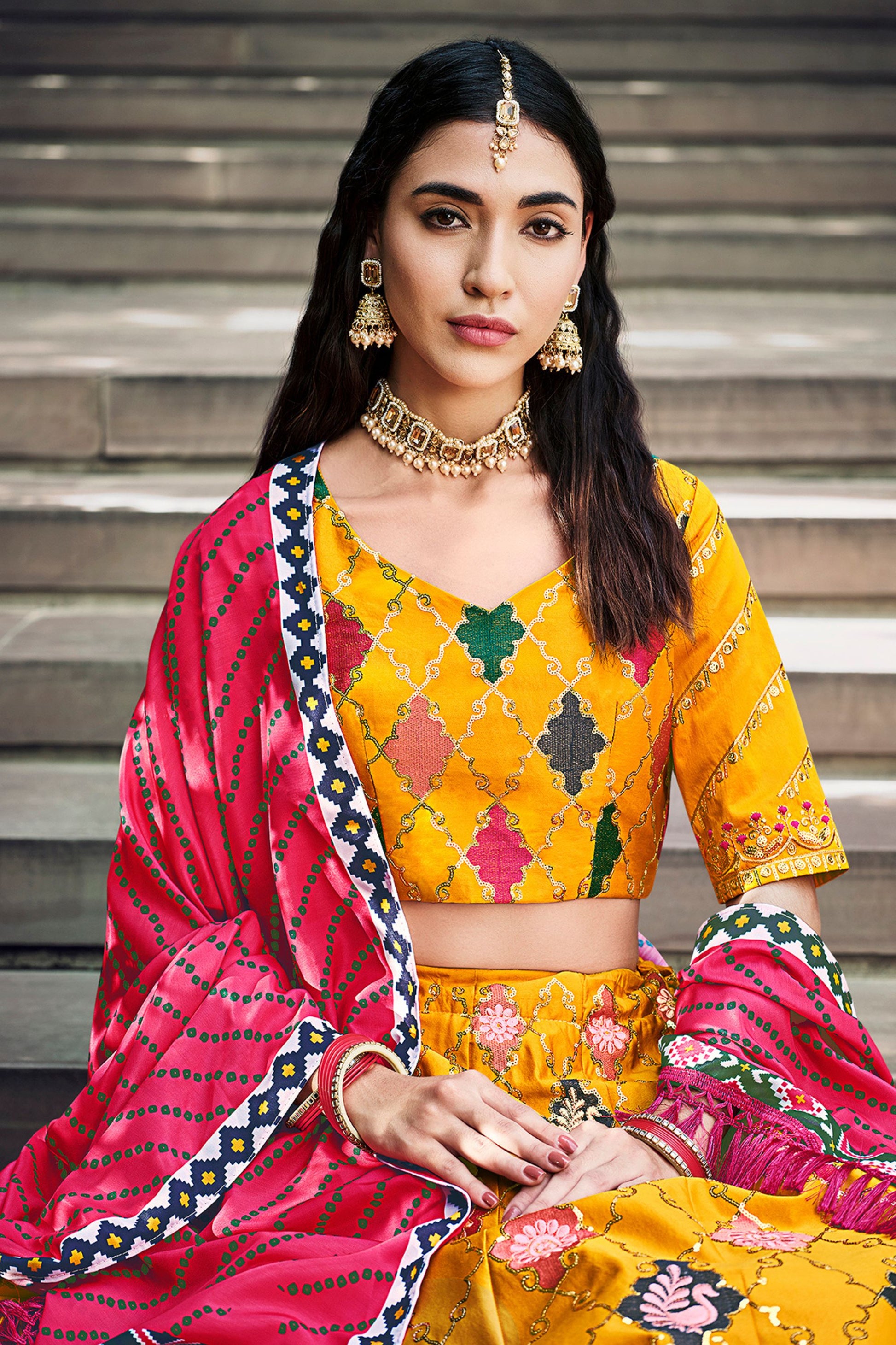 Yellow Silk Lehenga Choli For Indian Festivals & Weddings - Sequence Embroidery Work, Thread Work, Print Work