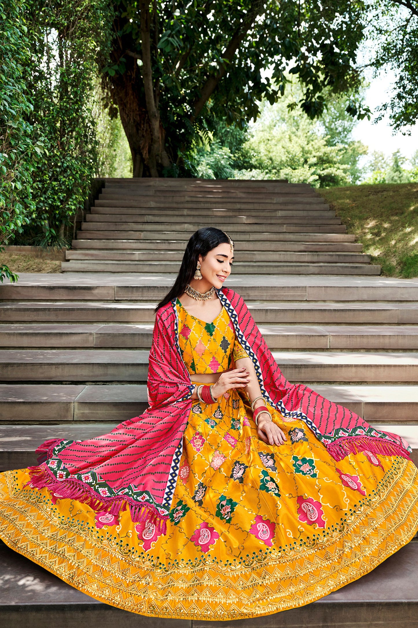 Yellow Silk Lehenga Choli For Indian Festivals & Weddings - Sequence Embroidery Work, Thread Work, Print Work