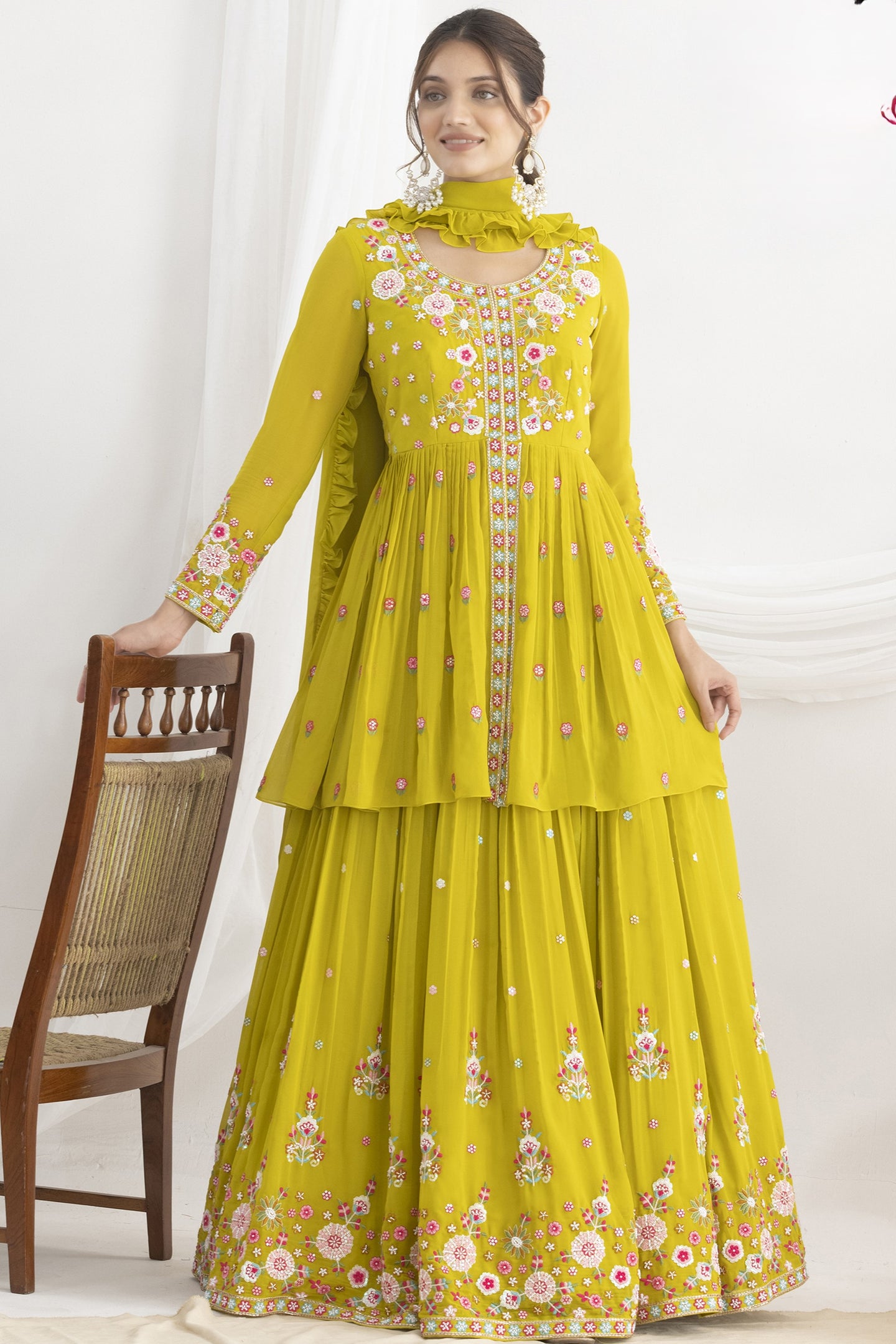 Yellow Floral Embroidery Suit for Haldi in Georgette Kameez with Skirt