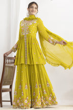Yellow Floral Embroidery Suit for Haldi in Georgette Kameez with Skirt