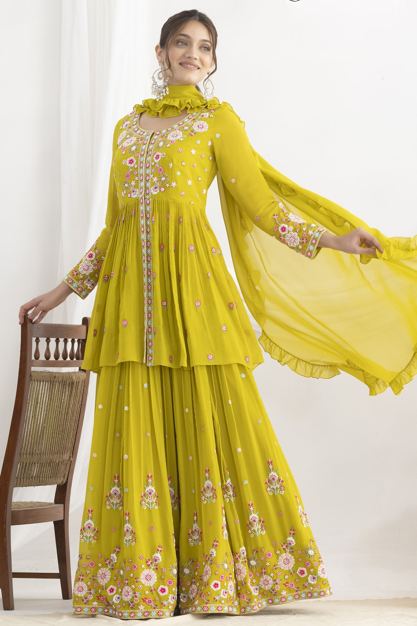 Yellow Floral Embroidery Suit for Haldi in Georgette Kameez with Skirt