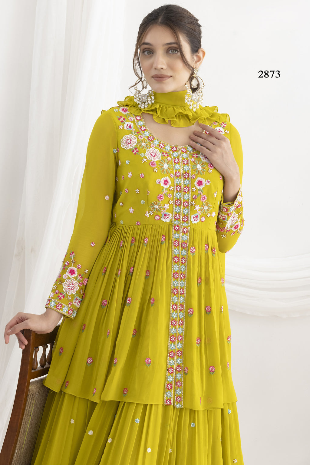 Yellow Floral Embroidery Suit for Haldi in Georgette Kameez with Skirt