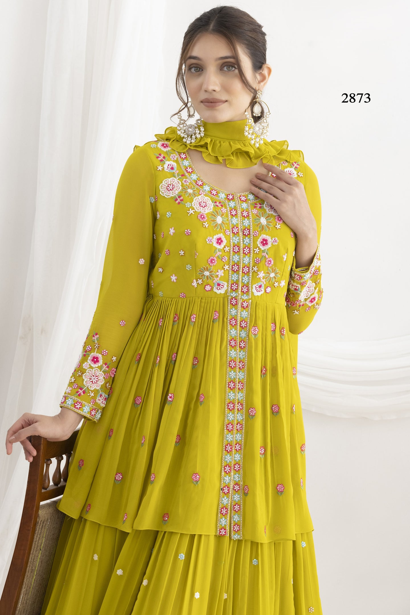 Yellow Floral Embroidery Suit for Haldi in Georgette Kameez with Skirt