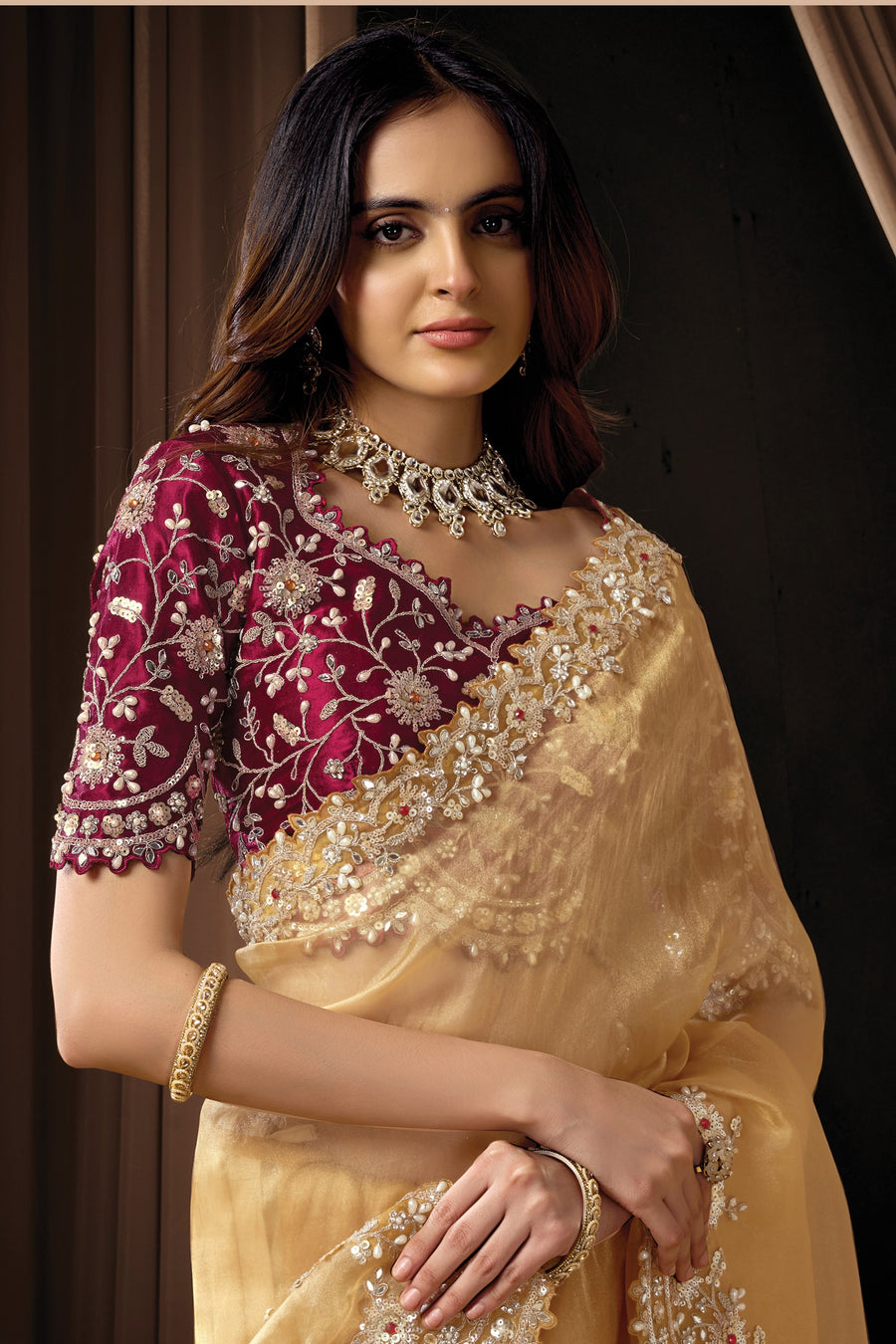 Yellow Gold Velvet Satin Saree for Wedding Guest with Sequins and Pearl Work
