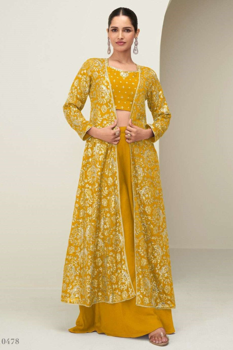 Yellow Chinon Silk Crop Top with Jacket and Palazzo