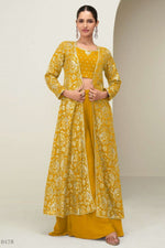 Yellow Chinon Silk Crop Top with Long Jacket and Palazzo for Haldi Ceremony