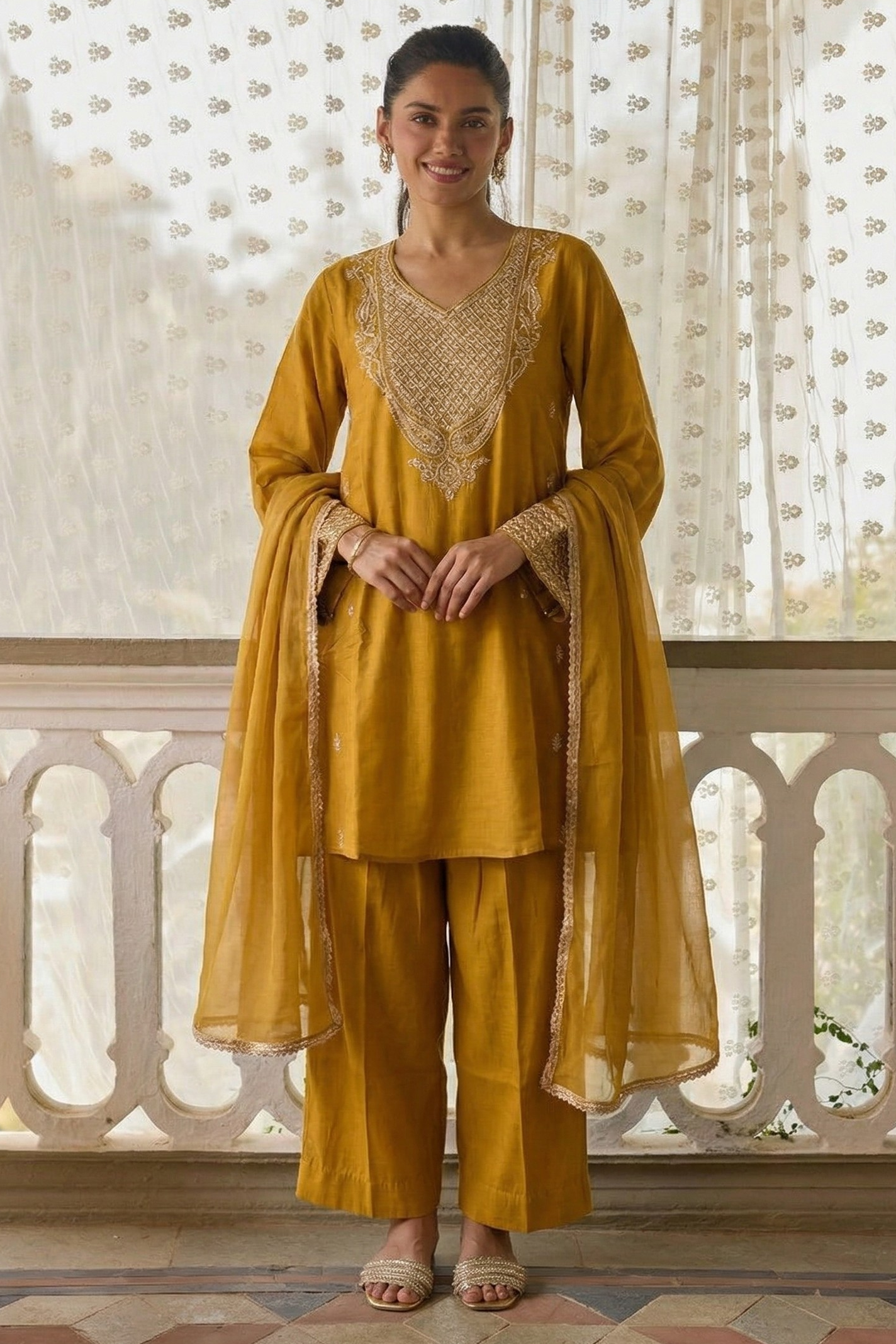 Yellow Cotton Silk Loose Fit A Line Kurta Set for Women with Embroidery Work