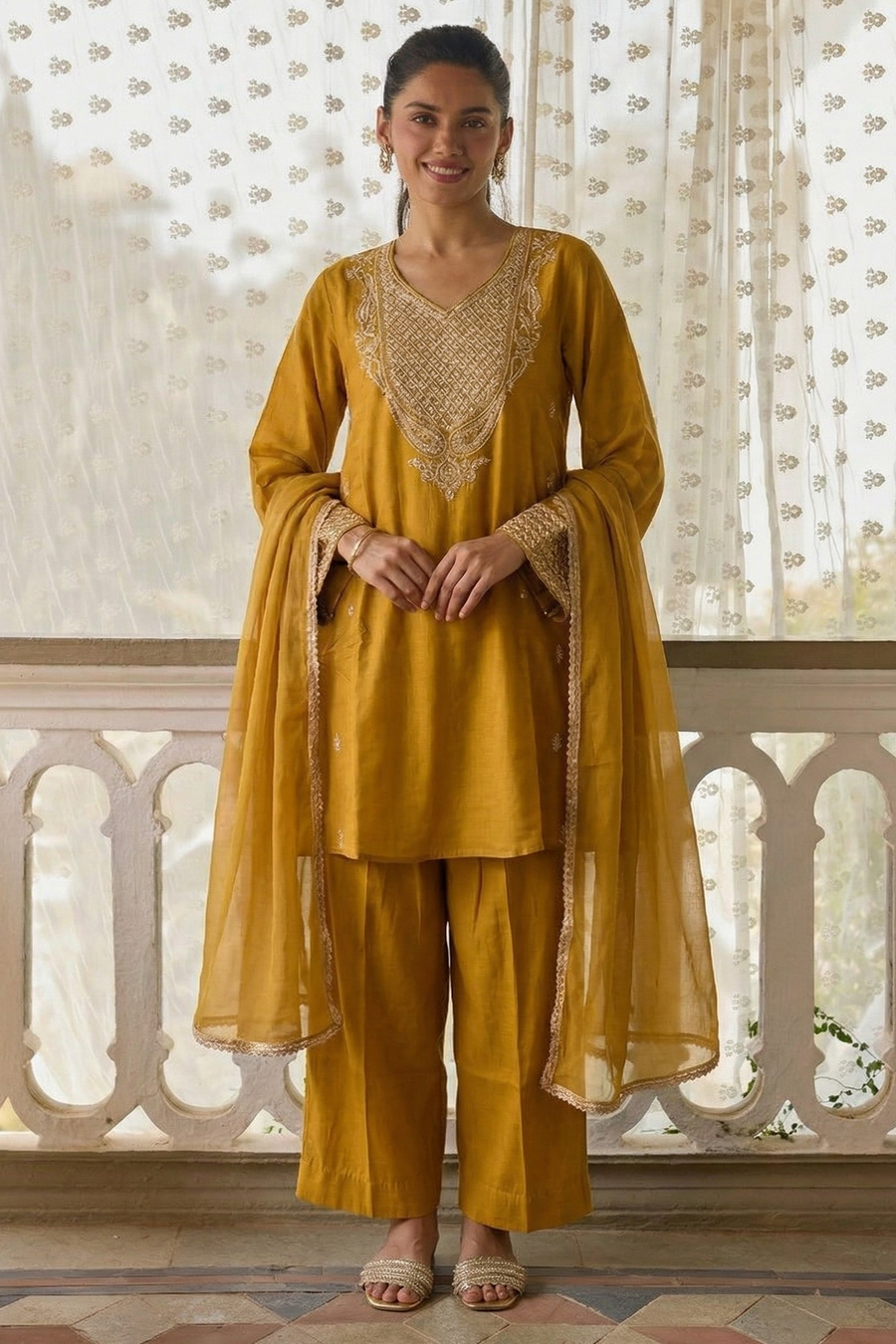 Yellow Cotton Silk Loose Fit A Line Kurta Set for Women with Embroidery Work