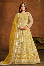 Yellow Net Anarkali Dress for Reception with Thread Work