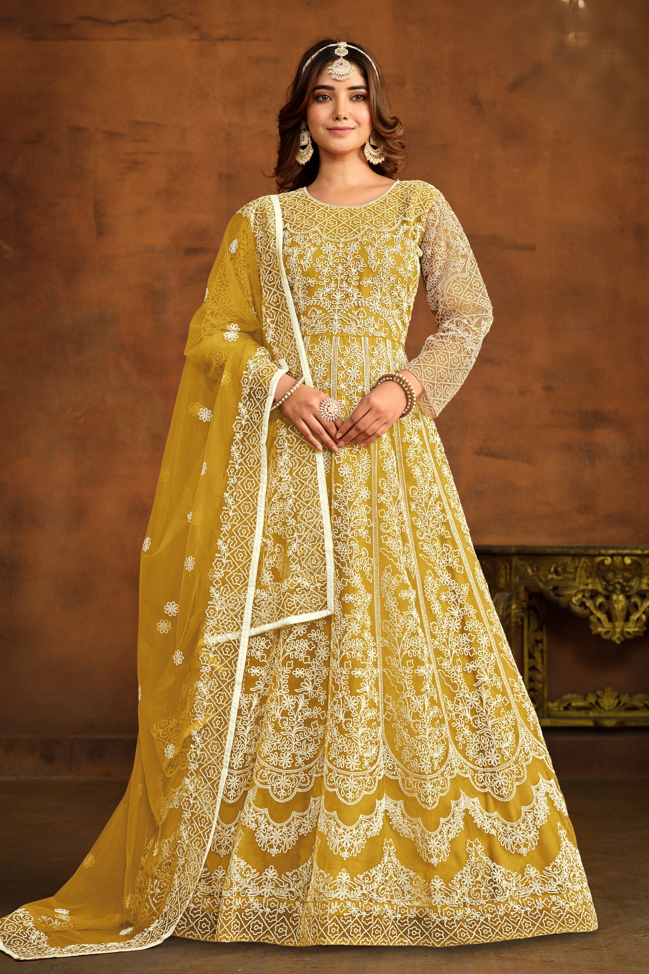 Yellow Net Anarkali Dress for Reception with Thread Work