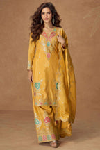 Golden Indian Palazzo Suits Online with Embroidery in Simmer Silk