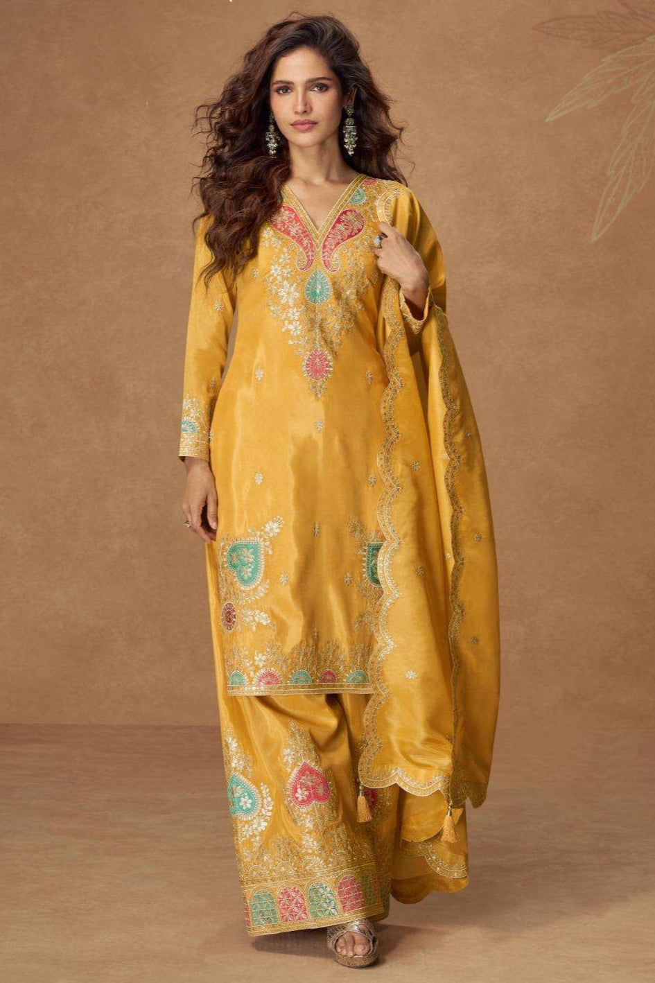 Golden Indian Palazzo Suits Online with Embroidery in Simmer Silk