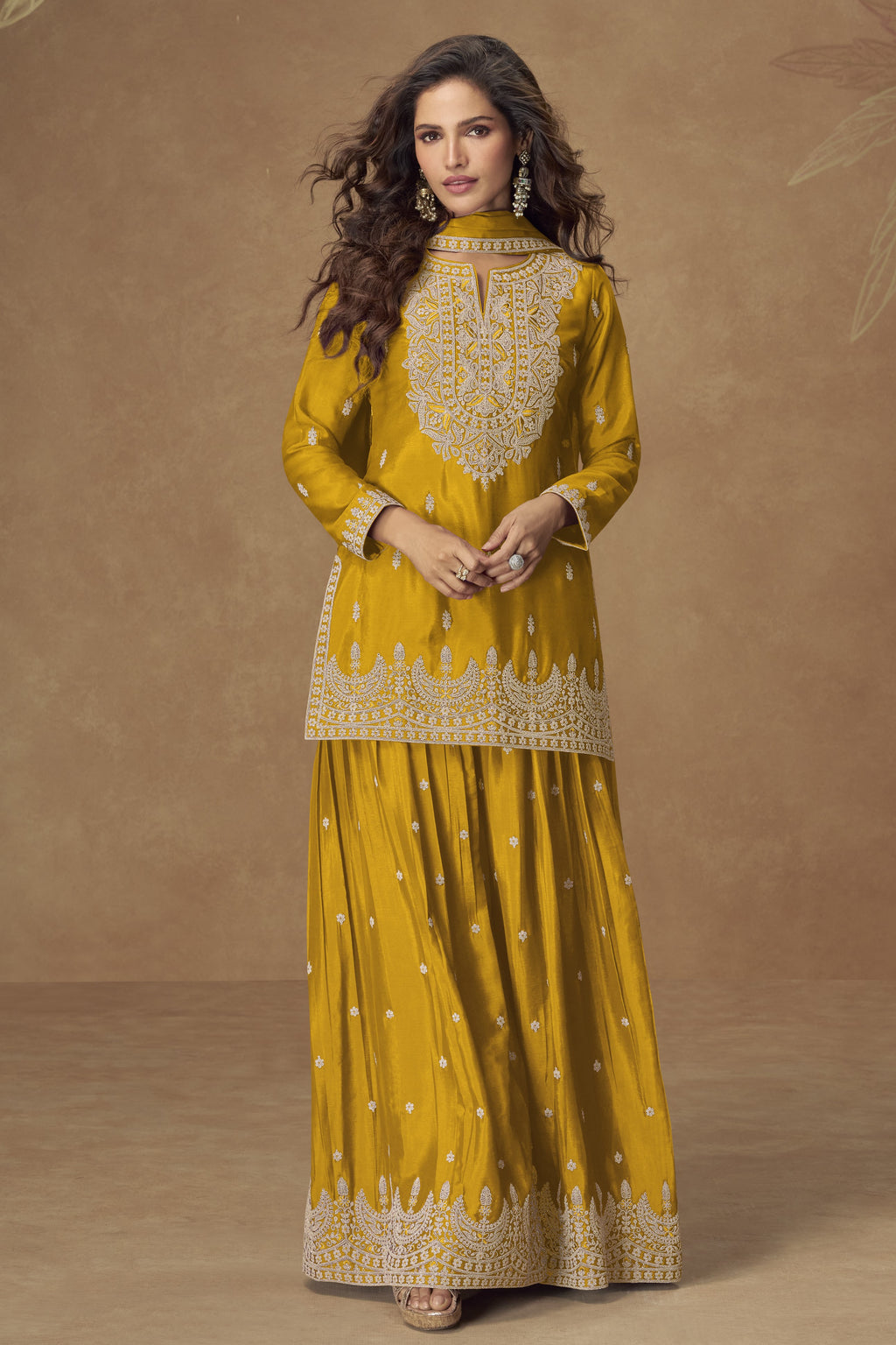 Yellow Chinon Silk Palazo with Thread and Sequins Embroidery - Pakistani Suits Online USA