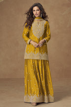 Yellow Chinon Silk Palazo with Thread and Sequins Embroidery - Pakistani Suits Online USA