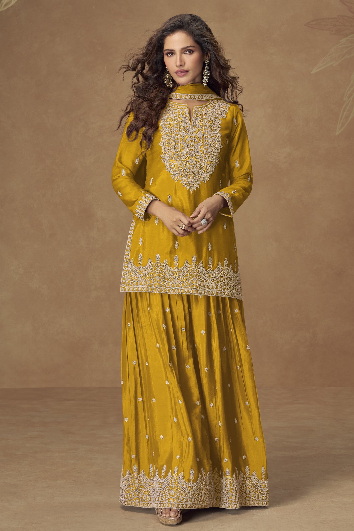 Yellow Chinon Silk Palazo with Thread and Sequins Embroidery - Pakistani Suits Online USA