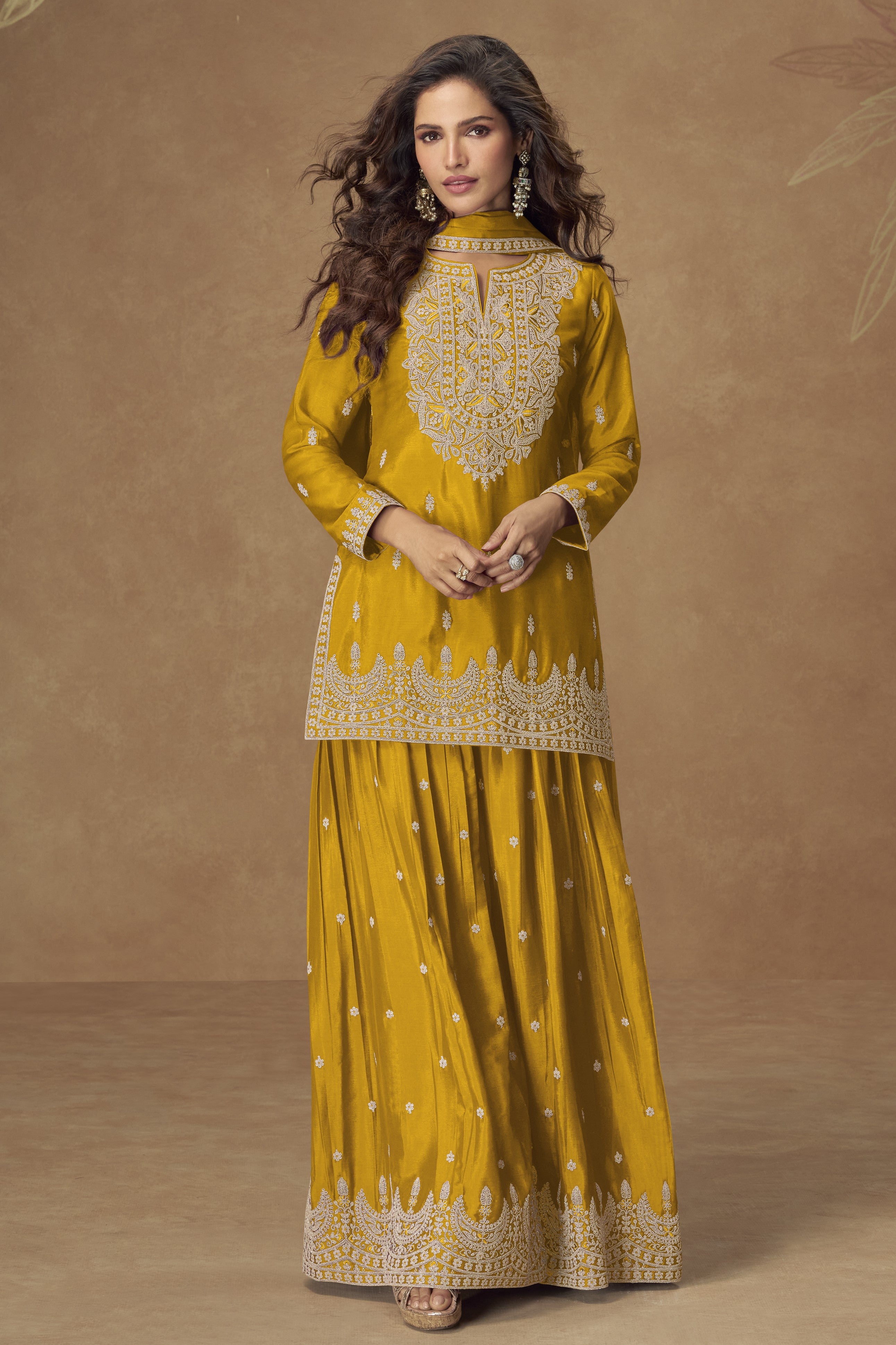 Yellow Chinon Silk Palazo with Thread and Sequins Embroidery - Pakistani Suits Online USA