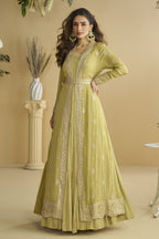 Yellow Chinon Silk Anarkali Wear with Jacket and Sequins Embroidery