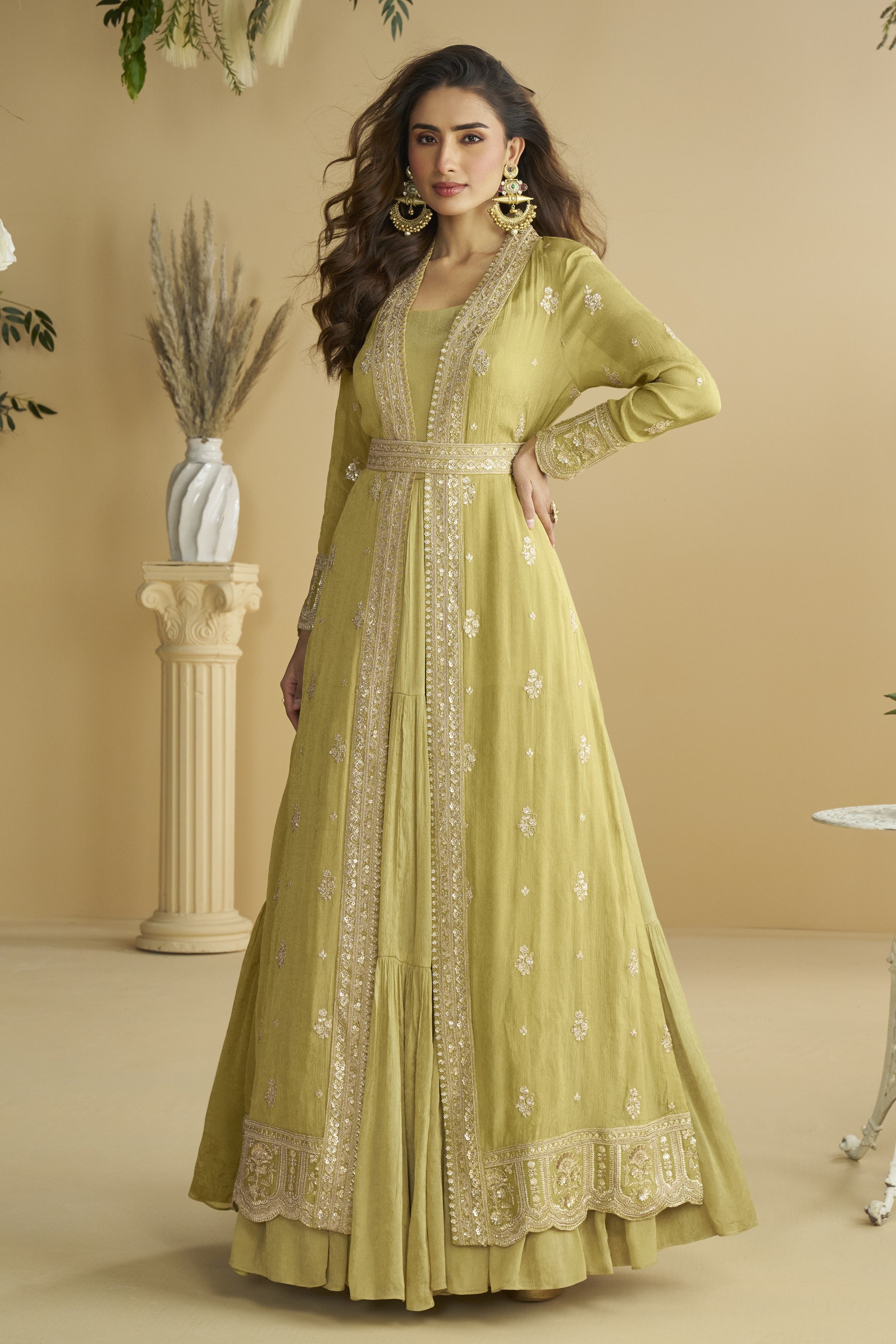 Yellow Chinon Silk Anarkali Wear with Jacket and Sequins Embroidery