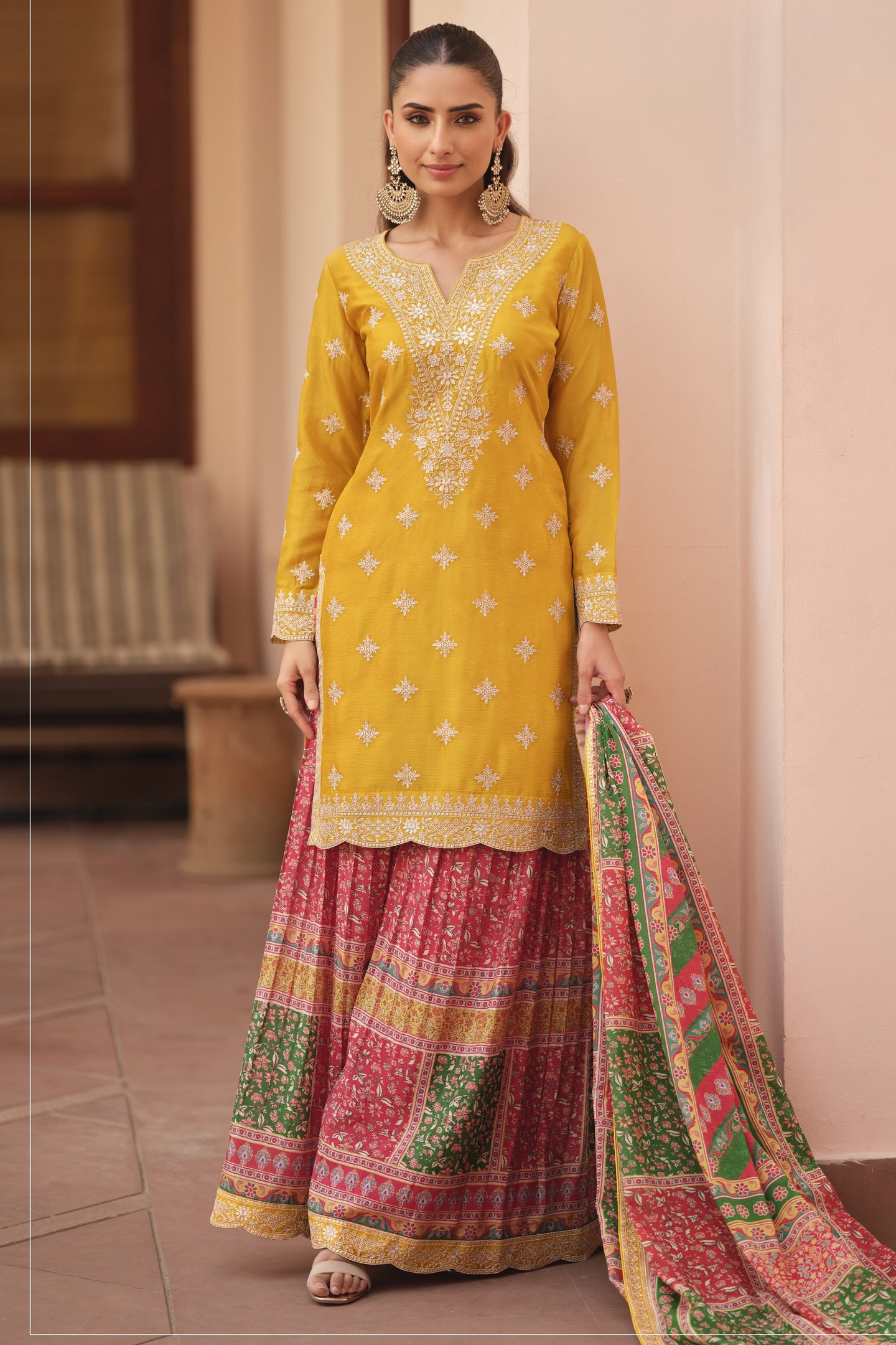 Yellow Chinon Silk Indian Palazo Clothes for Haldi Ceremony - Print & Embroidery