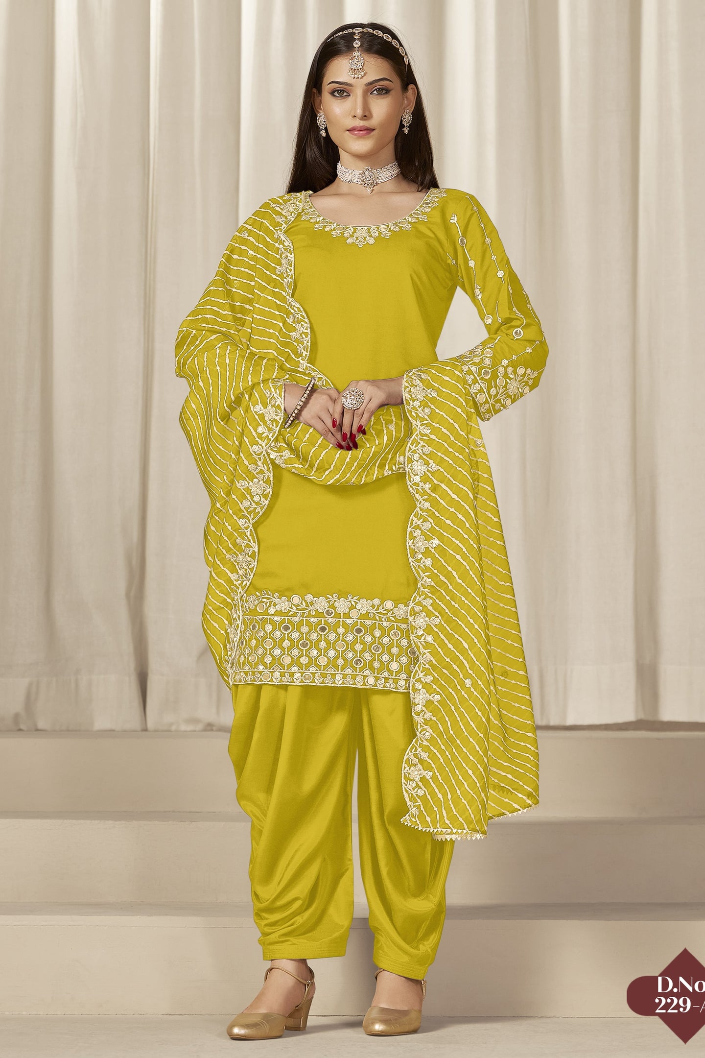 Yellow Chinon Silk Salwar Kameez Wedding Guest Suit with Mirror Work