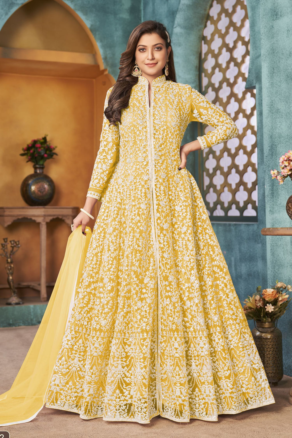 Yellow Net Anarkali Indian Party Wear Dresses with Sequins and Thread Embroidery Work