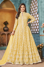 Yellow Net Anarkali Indian Party Wear Dresses with Sequins and Thread Embroidery Work