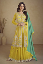 Yellow Chinon Silk Palazo for Sangeet - Thread Embroidery & Dori Work