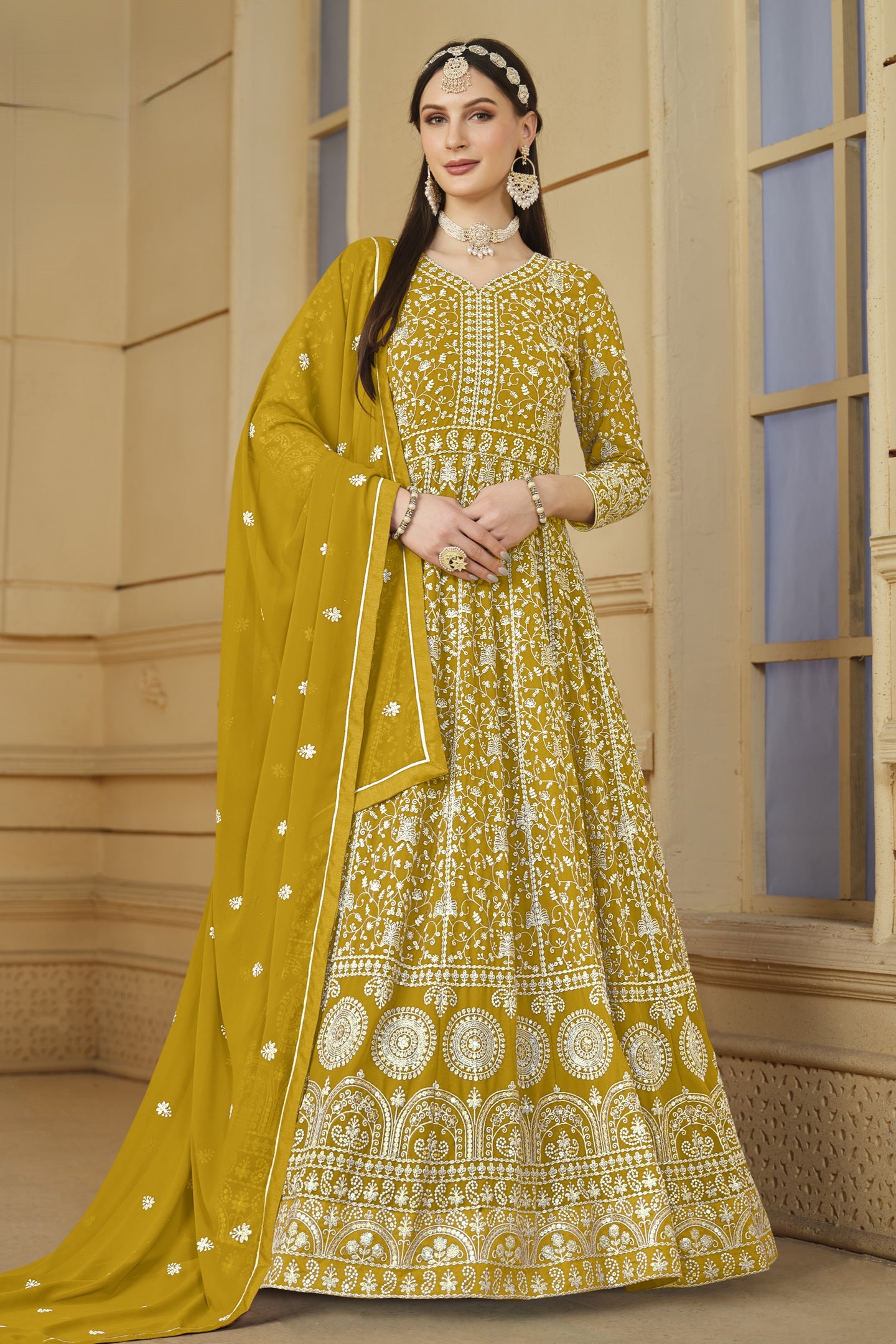 Yellow Georgette Anarkali for Wedding Function with Thread and Sequins Embroidery