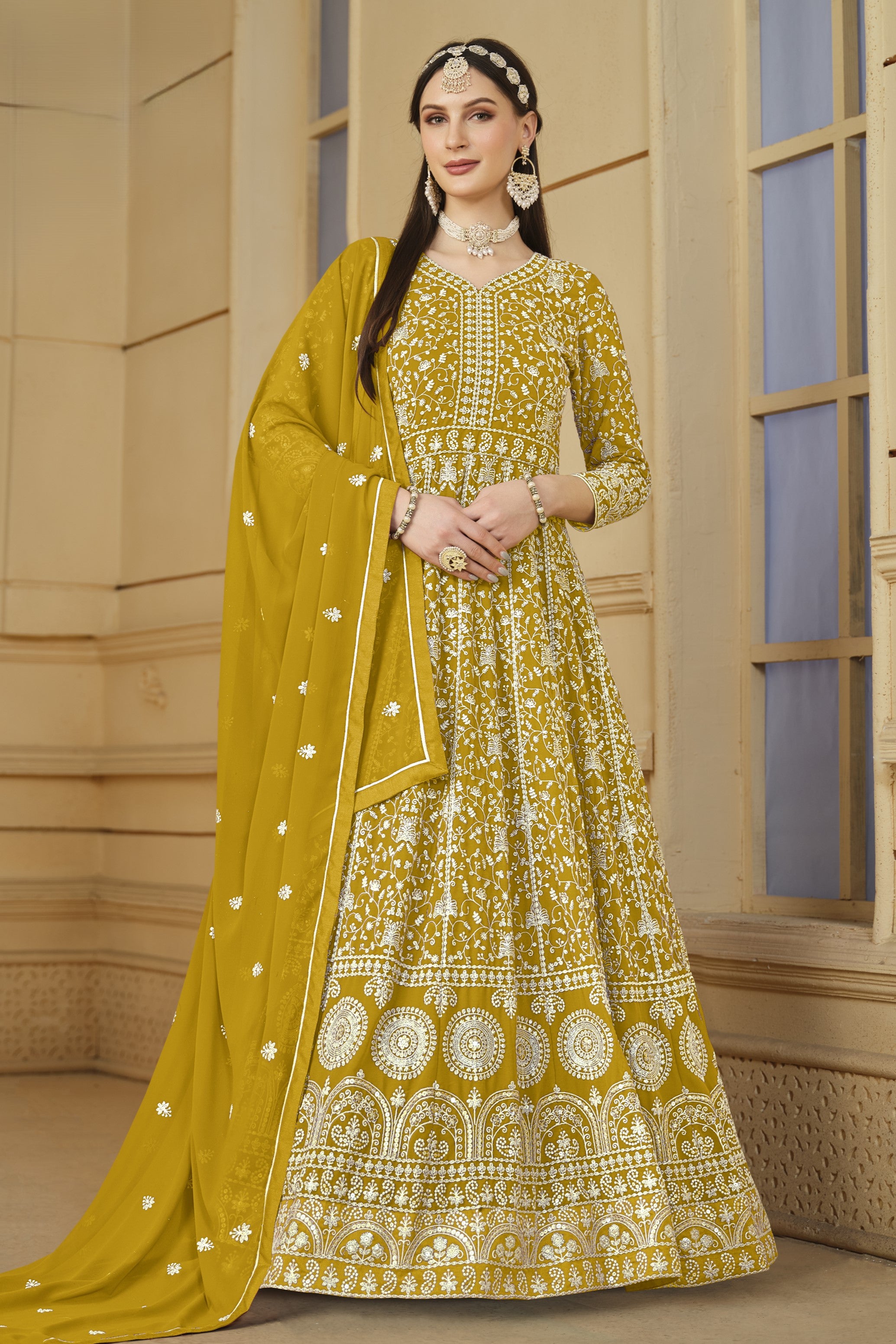 Yellow Georgette Anarkali for Wedding Function with Thread and Sequins Embroidery