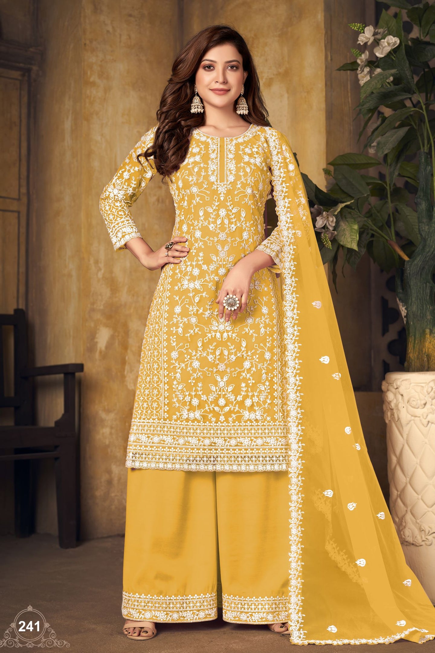 Yellow Net Thread Work Plazo Sangeet Outfits for Women