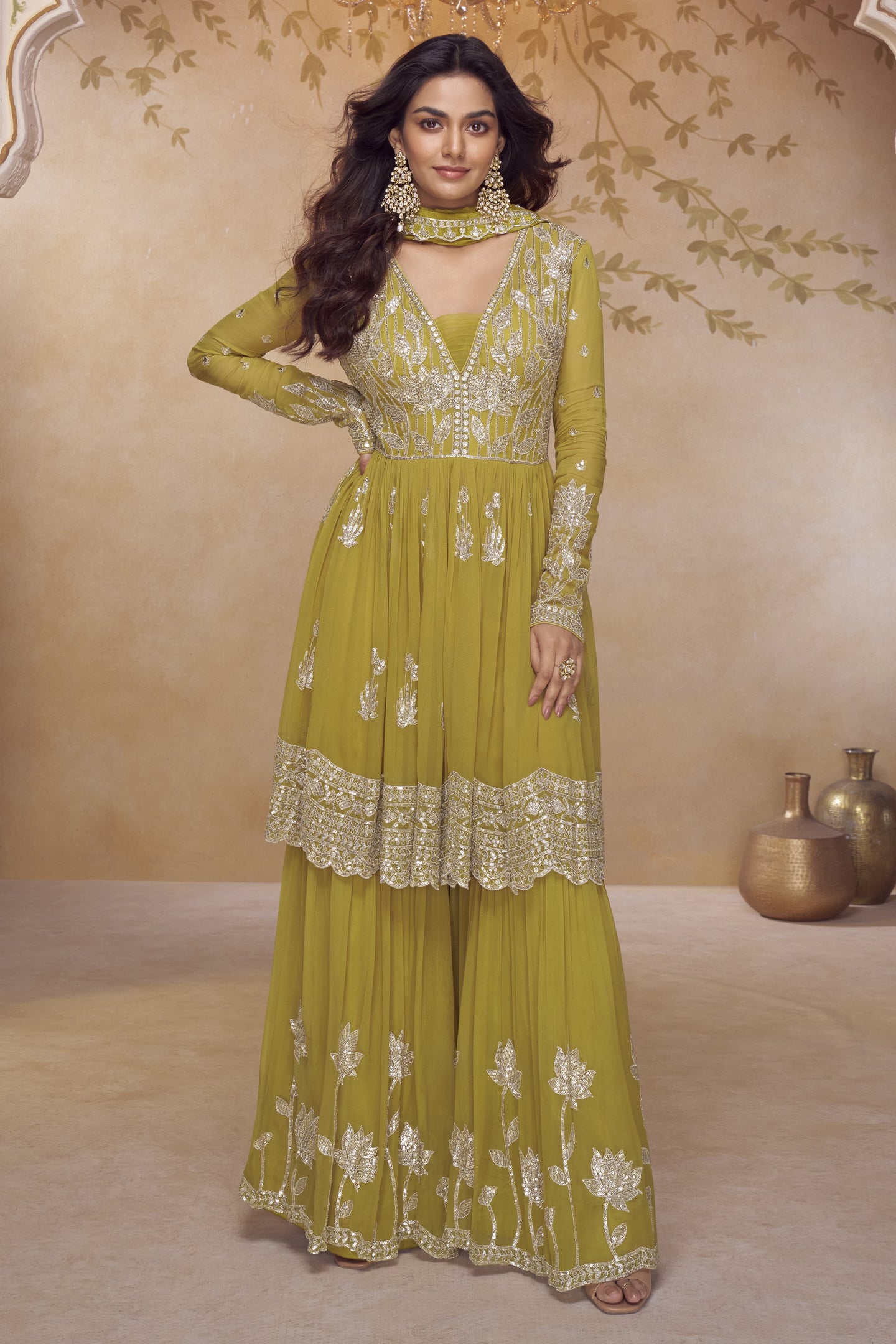 Yellow Chinon Silk Latest Plazo Design for Wedding with Embroidery Work