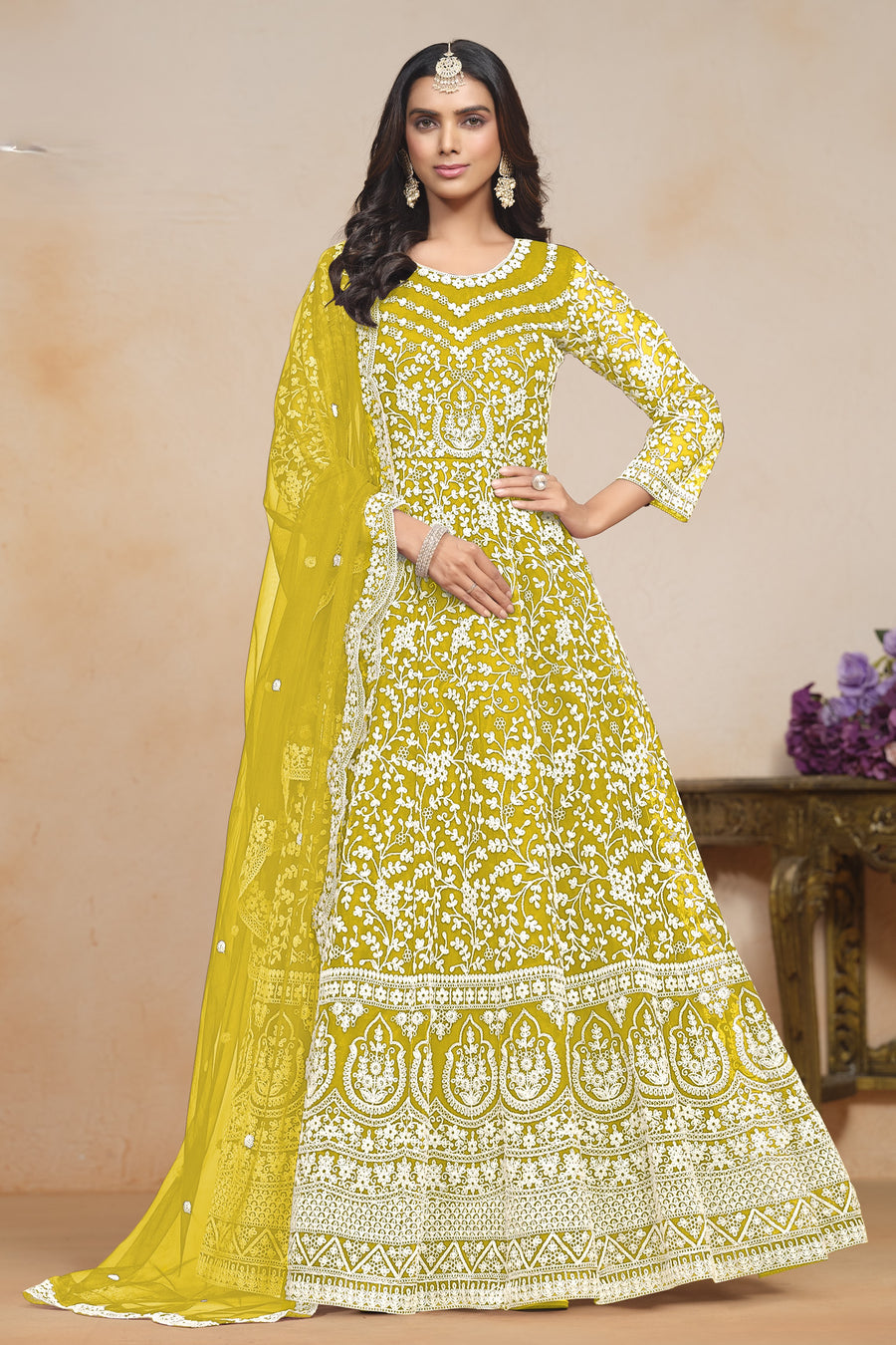 Yellow Net Dori Work Anarkali for Wedding Function