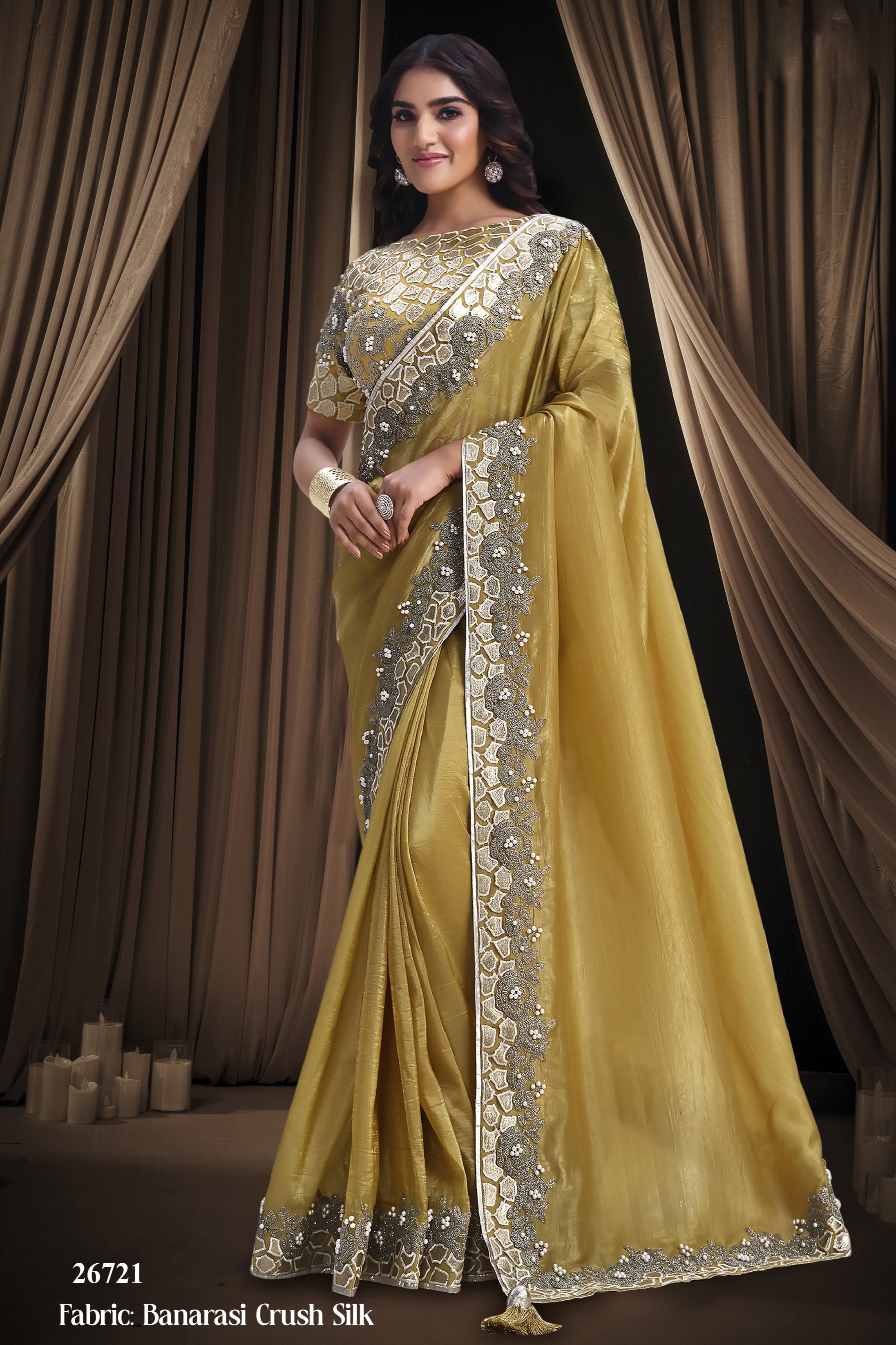 Yellow Net Saree for Wedding Guest with Cord and Pearl Handwork