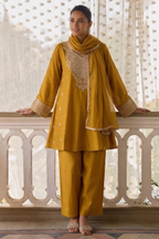 Yellow Cotton Silk Loose Fit A Line Kurta Set for Women with Embroidery Work