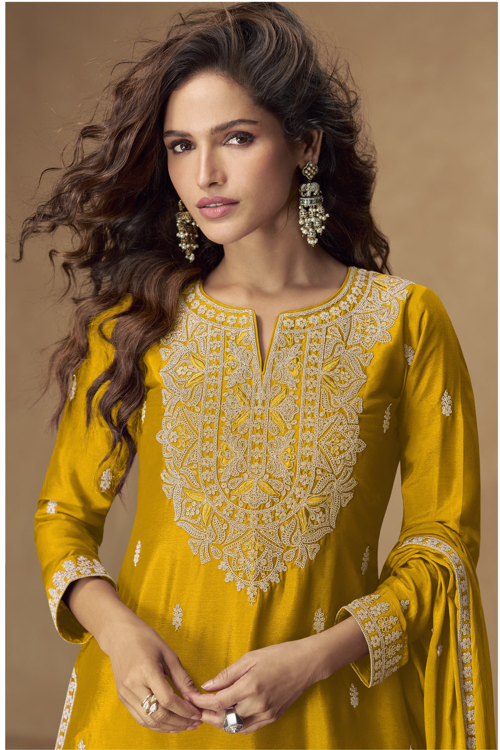 Yellow Chinon Silk Palazo with Thread and Sequins Embroidery - Pakistani Suits Online USA