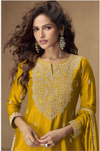 Yellow Chinon Silk Palazo with Thread and Sequins Embroidery - Pakistani Suits Online USA