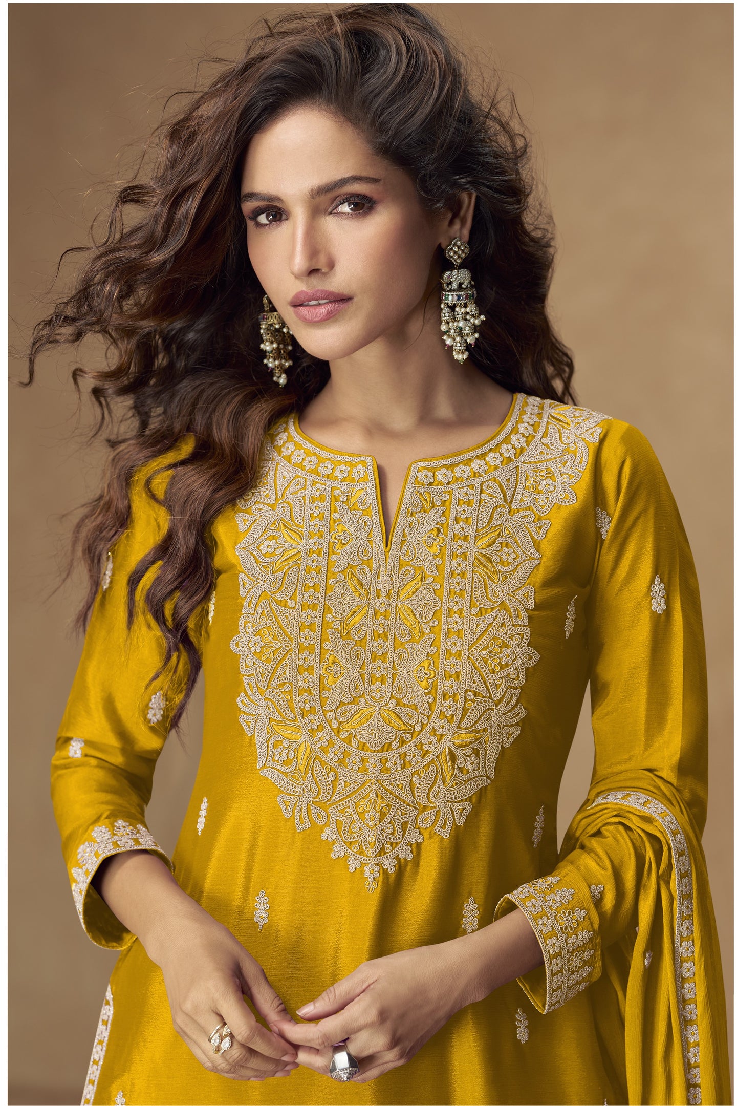 Yellow Chinon Silk Palazo with Thread and Sequins Embroidery - Pakistani Suits Online USA