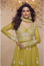 Yellow Chinon Silk Latest Plazo Design for Wedding with Embroidery Work