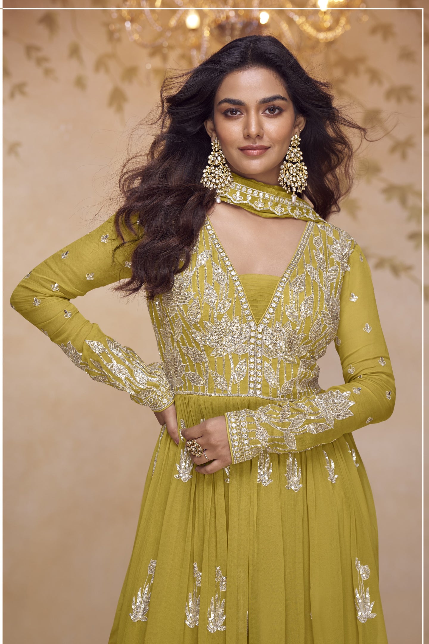 Yellow Chinon Silk Latest Plazo Design for Wedding with Embroidery Work