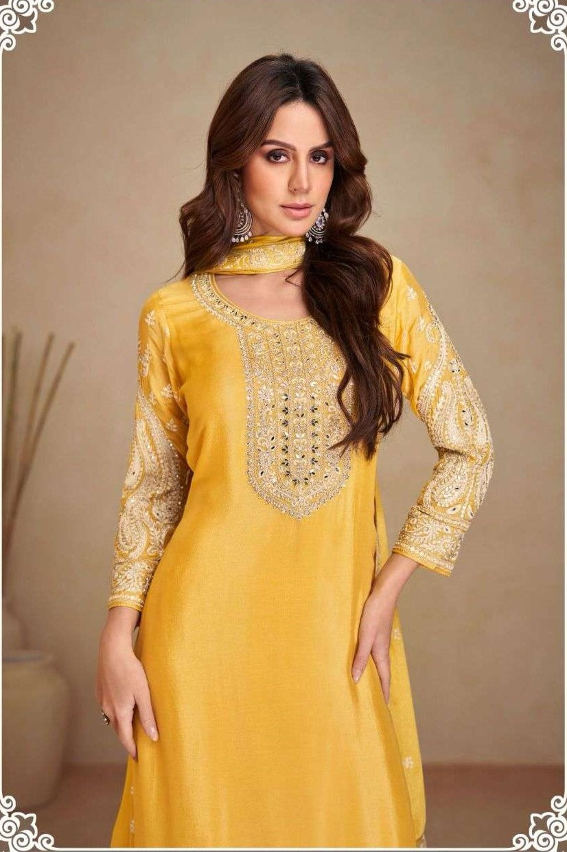 Yellow Haldi Dress Plazo Suit for Women in Chinon Silk – HATKE BRIDE