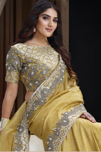 Yellow Net Saree for Wedding Guest with Cord and Pearl Handwork